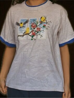 Morning Sun Light Gray T-Shirt Three Goldfinches On Magnolia Branch Size M/L